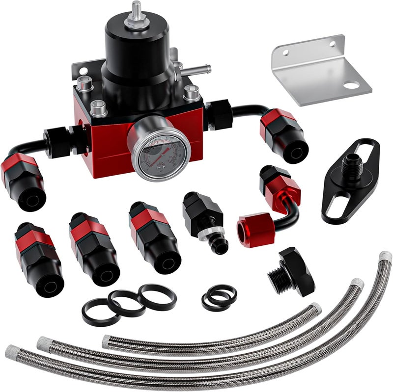Plobeda EFI Fuel Pressure Regulator Kit with Bypass Return 0-100psi Pressure Gauge AN6-6AN Fuel Line Hose Fitting Connectors Kit Adjustable Universal Aluminum (Red) - Image 1
